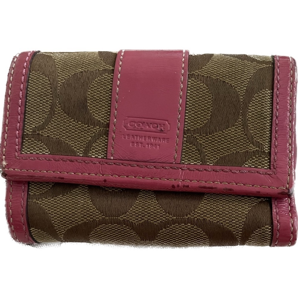 Coach Beige/Pink Signature Canvas And Leather Compact Wallet